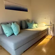 small bedroom Modern eingerichtetes kleines Schlafzimmer mit grauem Tagesbett, türkisfarbenen Kissen und Leselampe – gemütlicher Rückzugsort mit klarer Linie.