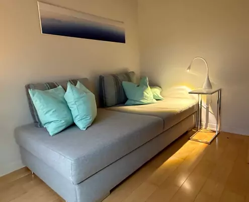 small bedroom Modern eingerichtetes kleines Schlafzimmer mit grauem Tagesbett, türkisfarbenen Kissen und Leselampe – gemütlicher Rückzugsort mit klarer Linie.